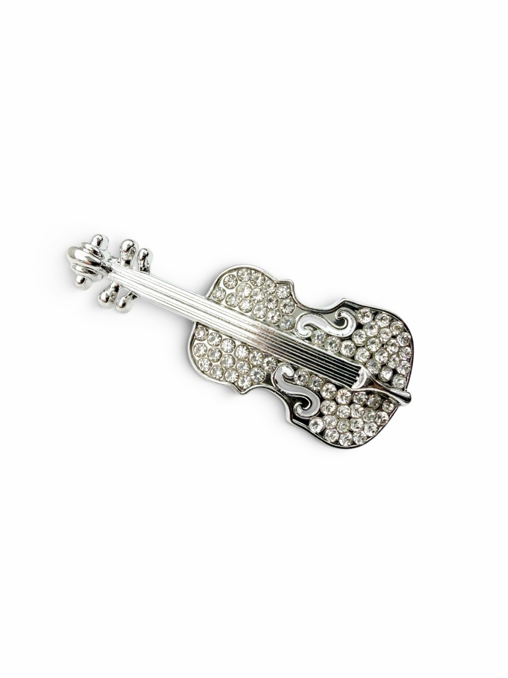 Rhinestone Violin Brooch, Silver Tone Music Pin, Sparkling Musical Instrument
